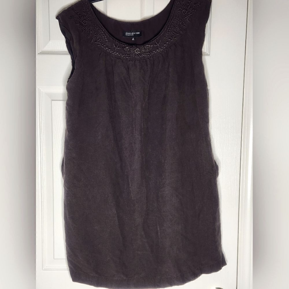 Jones New York 16 Brown SILK LINEN Embroidered Pockets Slvless Women Mini Dress